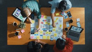 Top view of developer team sharing idea of Ux Ui design by using mind map. Top down view of group of business people working together to brainstorm or plan mobile phone interface app. What is Cross platform app development?