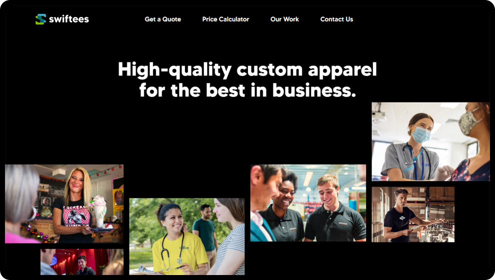 A view of the header on the web version of Swiftees Apparel, which states "high-quality custom apparel for the best in business".
