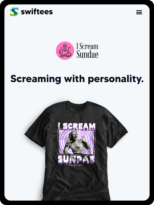 A headline that states "Screaming with personality" and another that says "sI cream sundae" over a black and purple t-shirt.