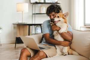 A young man sits on a couch with his laptop, and he is hugging a Corgi. Responsive design is the way of the future, and The Valley List is here to assist.