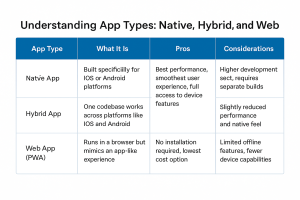 A chart outlining types of apps, including native and hybrid apps.
