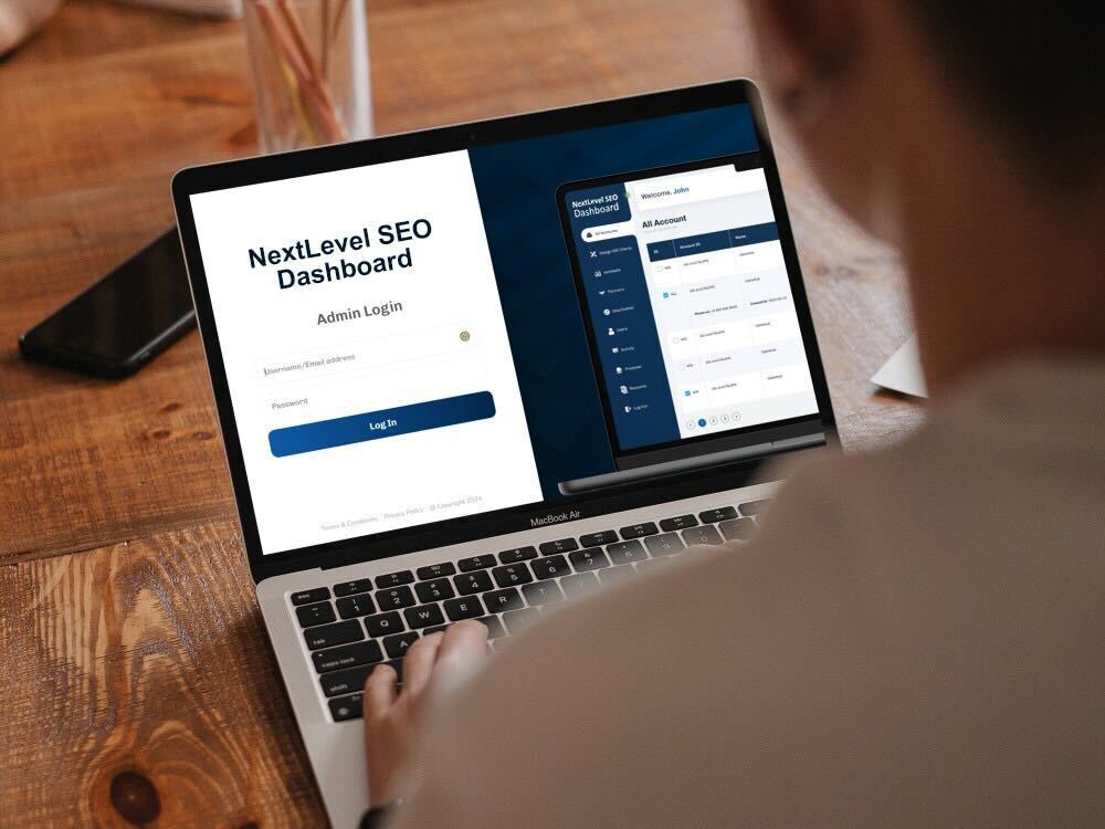 A person reviews the NextLevel SEO dashboard, designed by The Valley List.