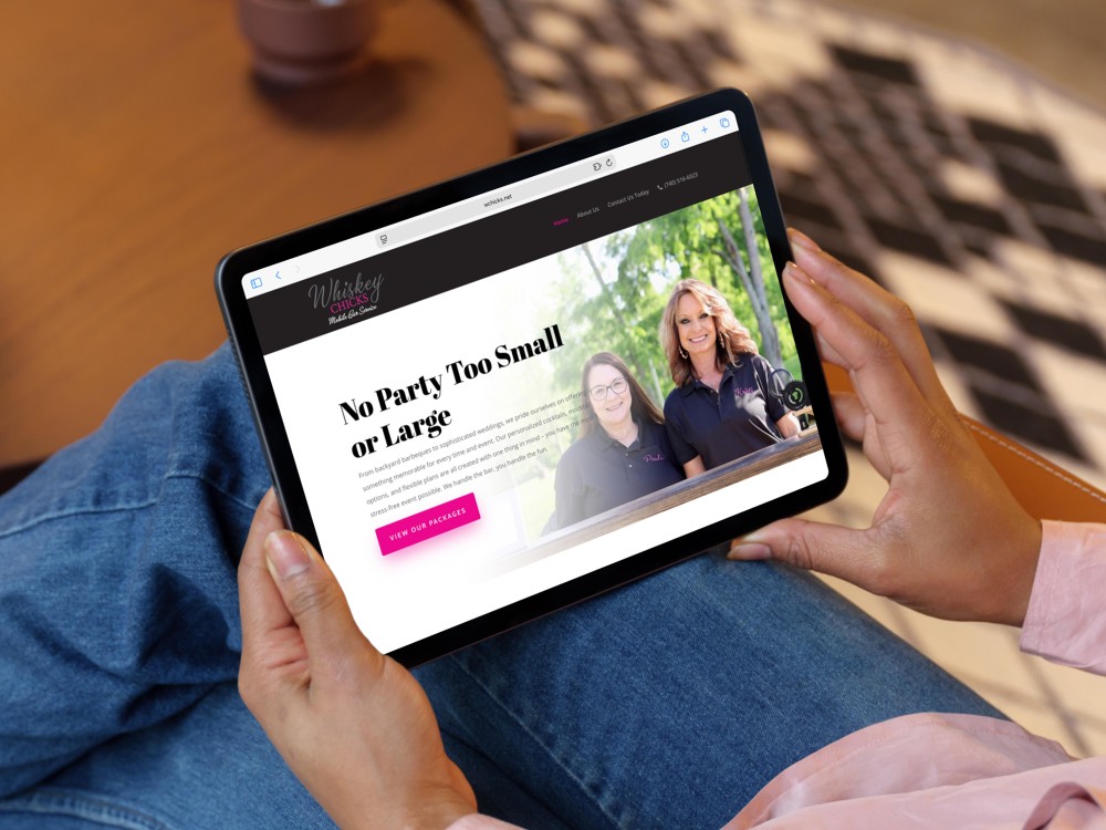 A person shops on the Whiskey Chicks website for mobile bar service. Created by The Valley List.