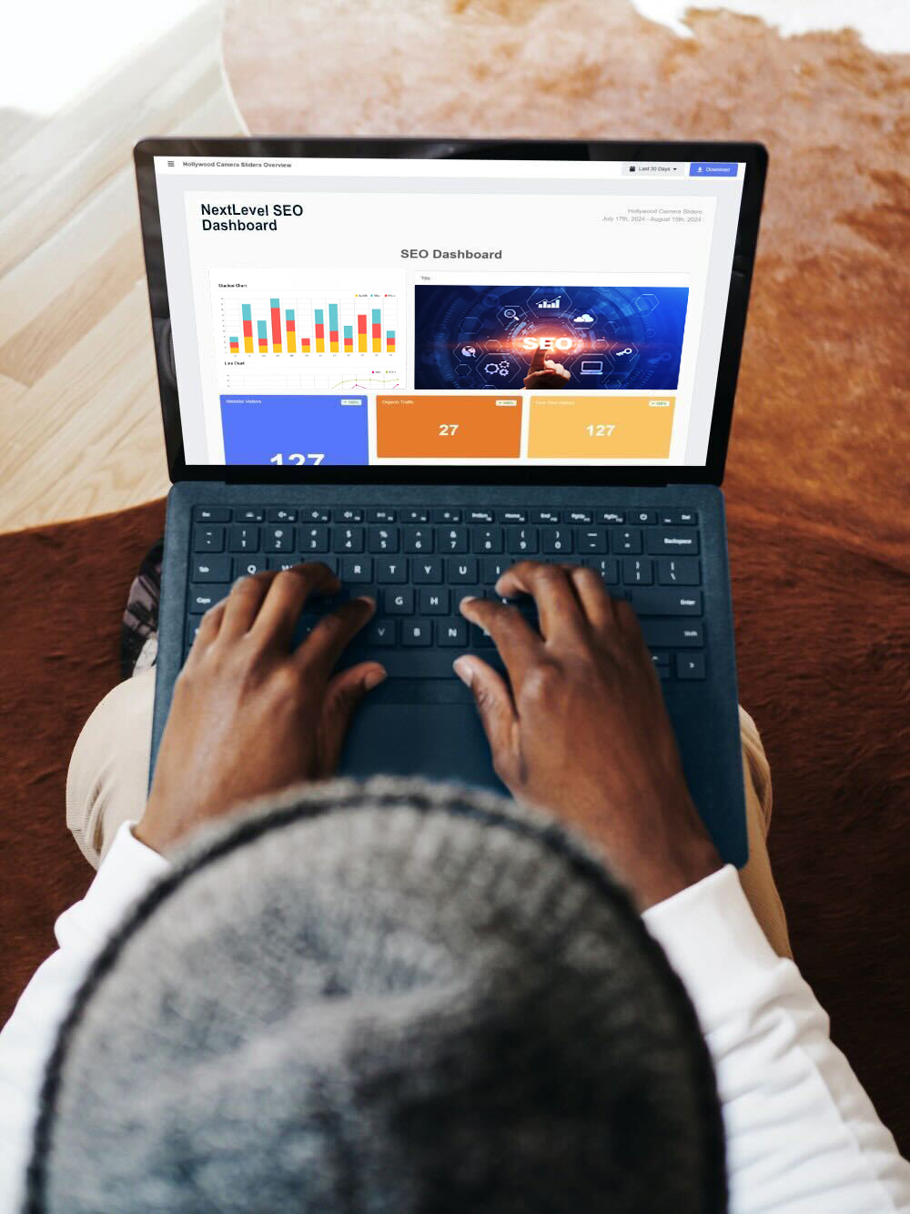 A person reviews the NextLevel SEO dashboard, designed by The Valley List.