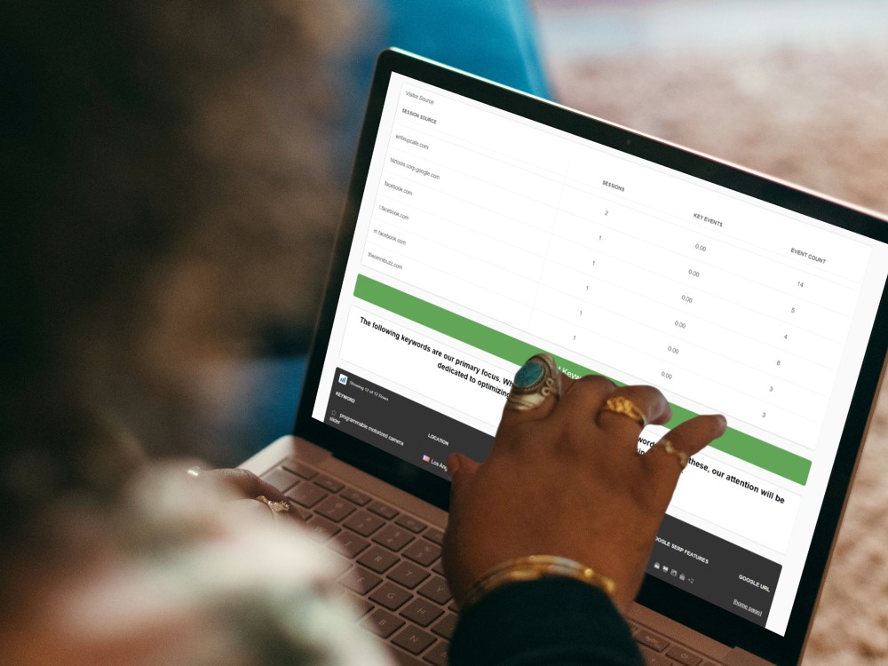 A person reviews the NextLevel SEO dashboard, designed by The Valley List.