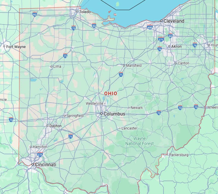 A map of Ohio. We offer web design and development throughout all of our Ohio Service Areas.