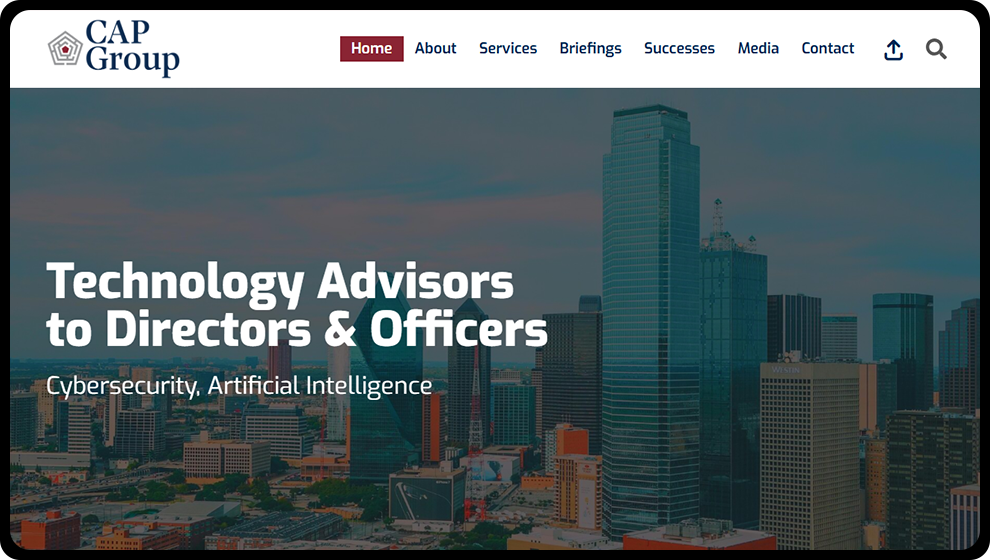 A view of the Cap Group's website and main image, showcasing their work as an advisory firm for cybersecurity and AI.