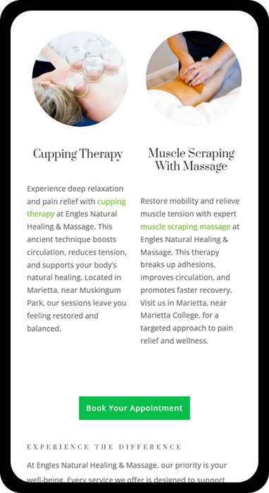 A view of some of the services Engle's Natural Healing offers, such as cupping therapy and muscle scraping with massage.