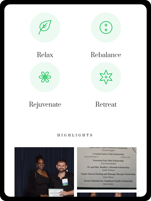 A mobile view of Engles Natural Healing and Massage website, with highlights of his work.
