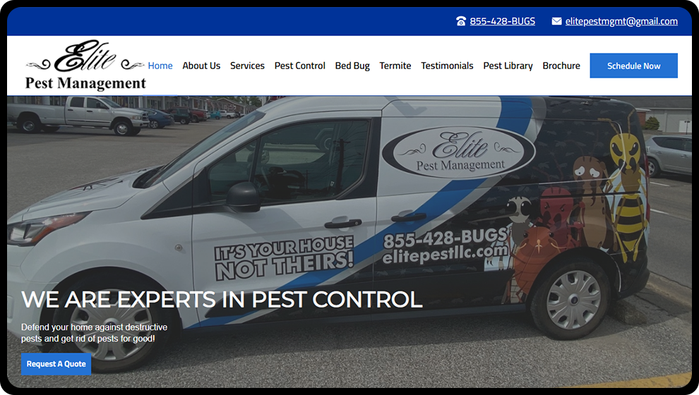 The webpage version of the website we created for Elite Pest Control.