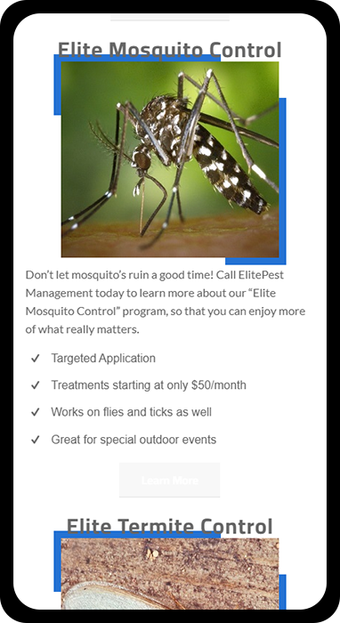 A picture of the mobile version of Elite Pest Control's new website, proudly created by The Valley List.