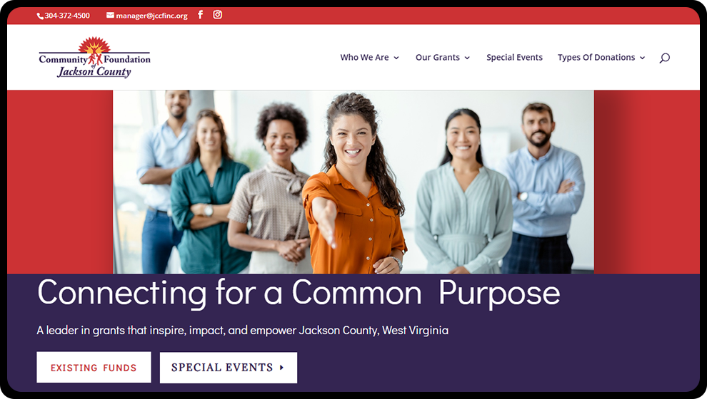 This photo shows the hero image and home page of the Jackson County Community Foundation's website.