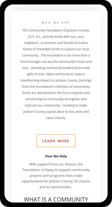A view of the mobile version of the Jackson County Community Foundation's website, optimized for SEO.