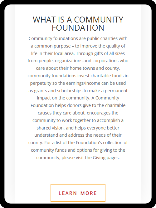 This shows a tablet view of "what is a community foundation", information shared by Jackson County Community Foundation.