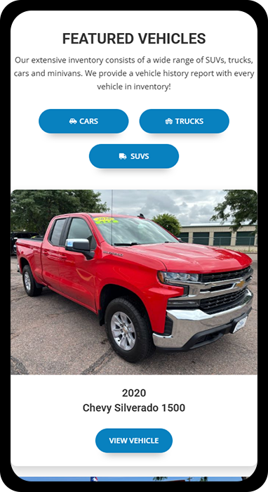 A view of the mobile version of the Mile High Car Company website, created by The Valley List.