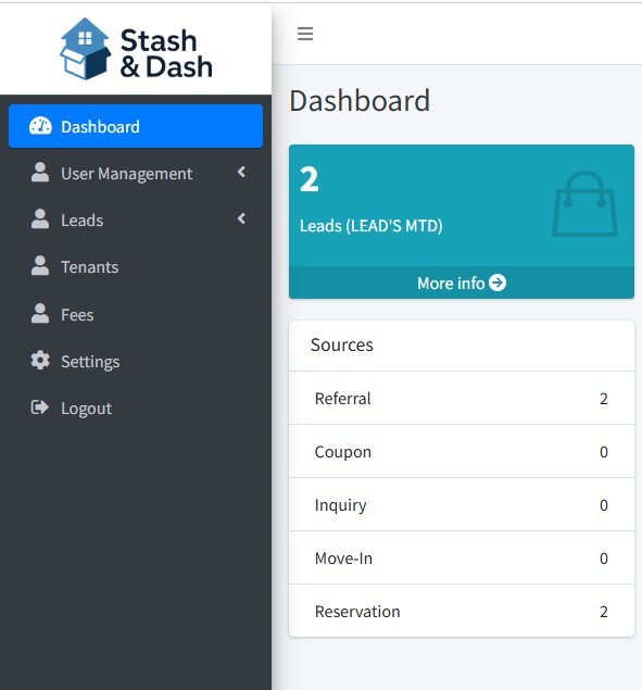 Admin Portal of Next Level Storage Management Software for managing your properties.
