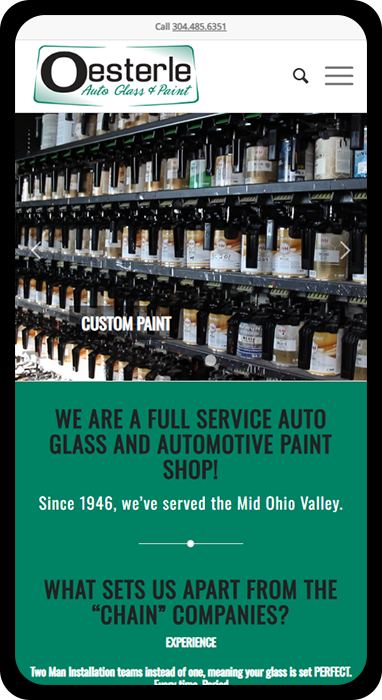 A picture of the mobile version of Oesterle Auto Glass, a website created for a local auto company.