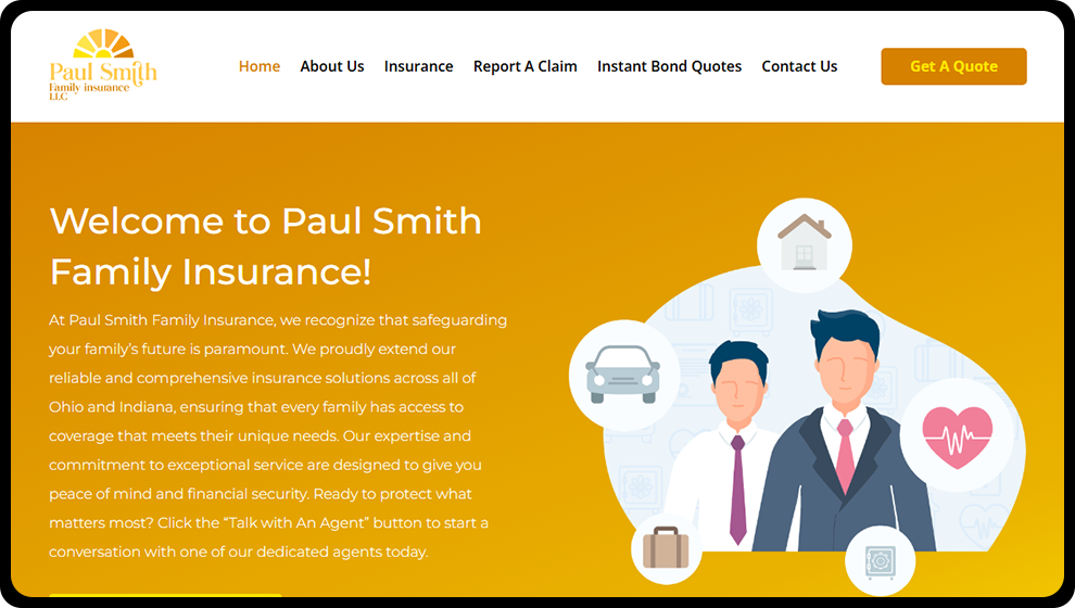 A screenshot of the desktop version of the Paul Smith Insurance Page, created proudly by The Valley List.