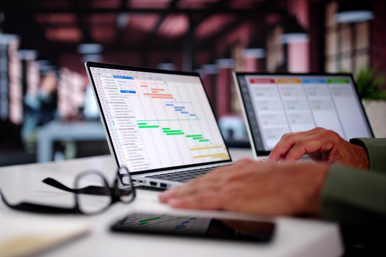 Two people look at personal project management tools on their laptops.