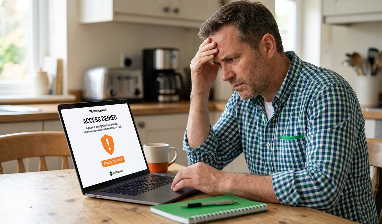 Business owner looking frustrated at a laptop showing a website error page, representing the cost of neglected website maintenance