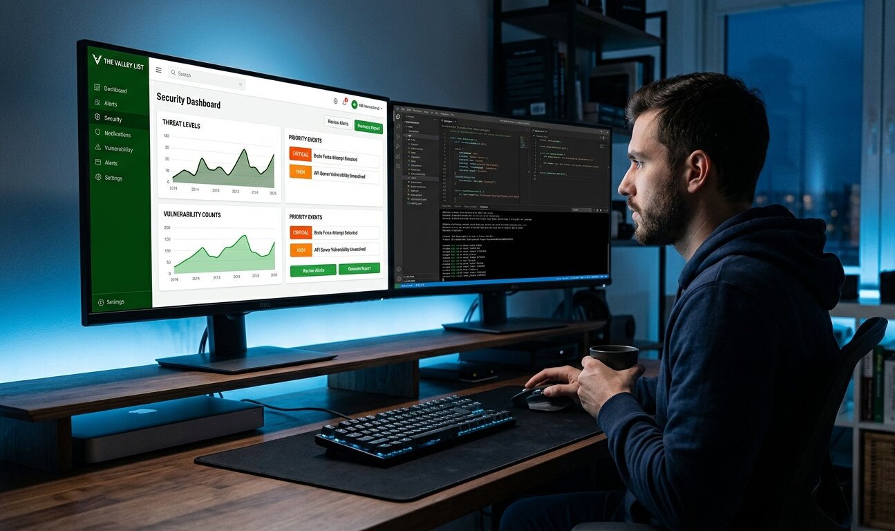Developer reviewing a security monitoring dashboard on a laptop, tracking website uptime and vulnerability alerts