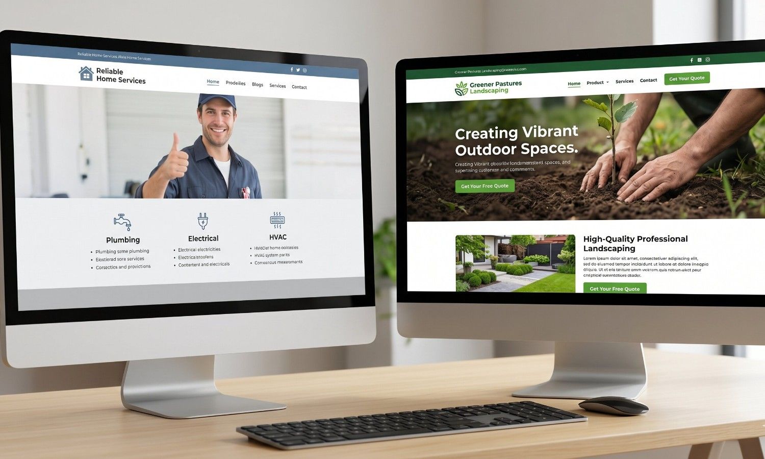 Two desktop monitors side by side. The left shows a generic template-based business website with obvious stock photography and a predictable layout that looks identical to dozens of competitor sites. The right shows a visually distinctive custom-designed website for the same type of business, with unique photography, confident typography, and a clear conversion-focused layout.