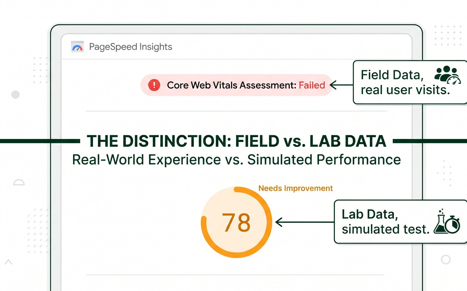 Clean annotated screenshot-style illustration of the Google PageSpeed Insights interface, showing the Core Web Vitals Assessment Failed label at the top in red, and below it a Performance score of 78 in orange, with arrows and labels distinguishing field data from lab data