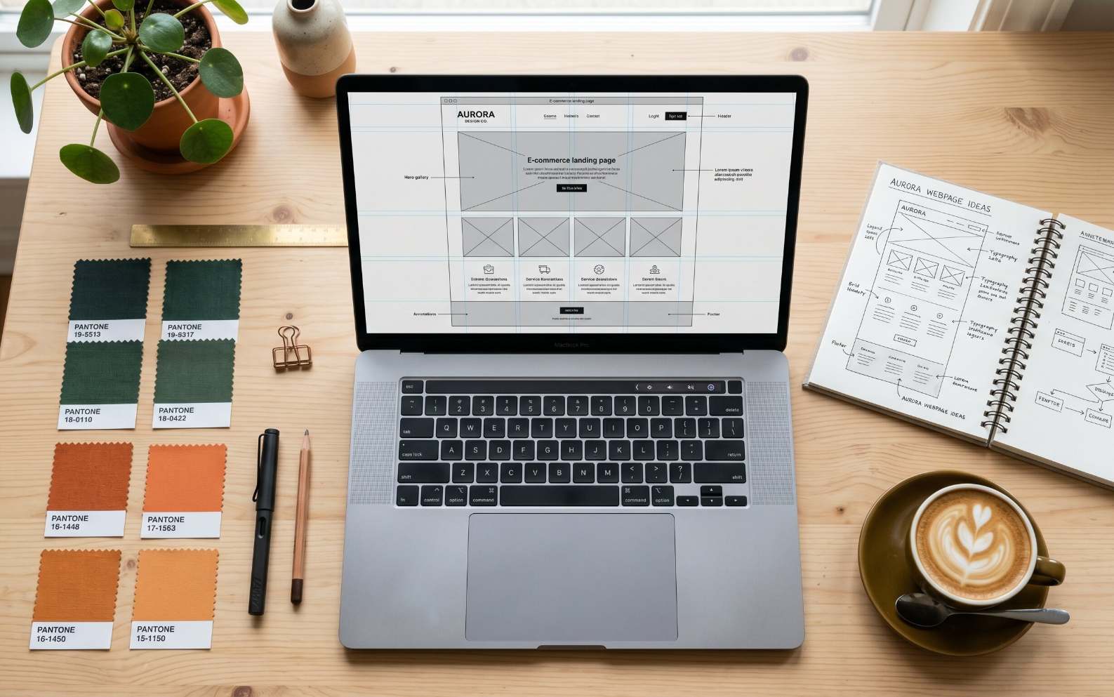 A designer's workspace showing a website wireframe with visual hierarchy, color swatches and layout sketches