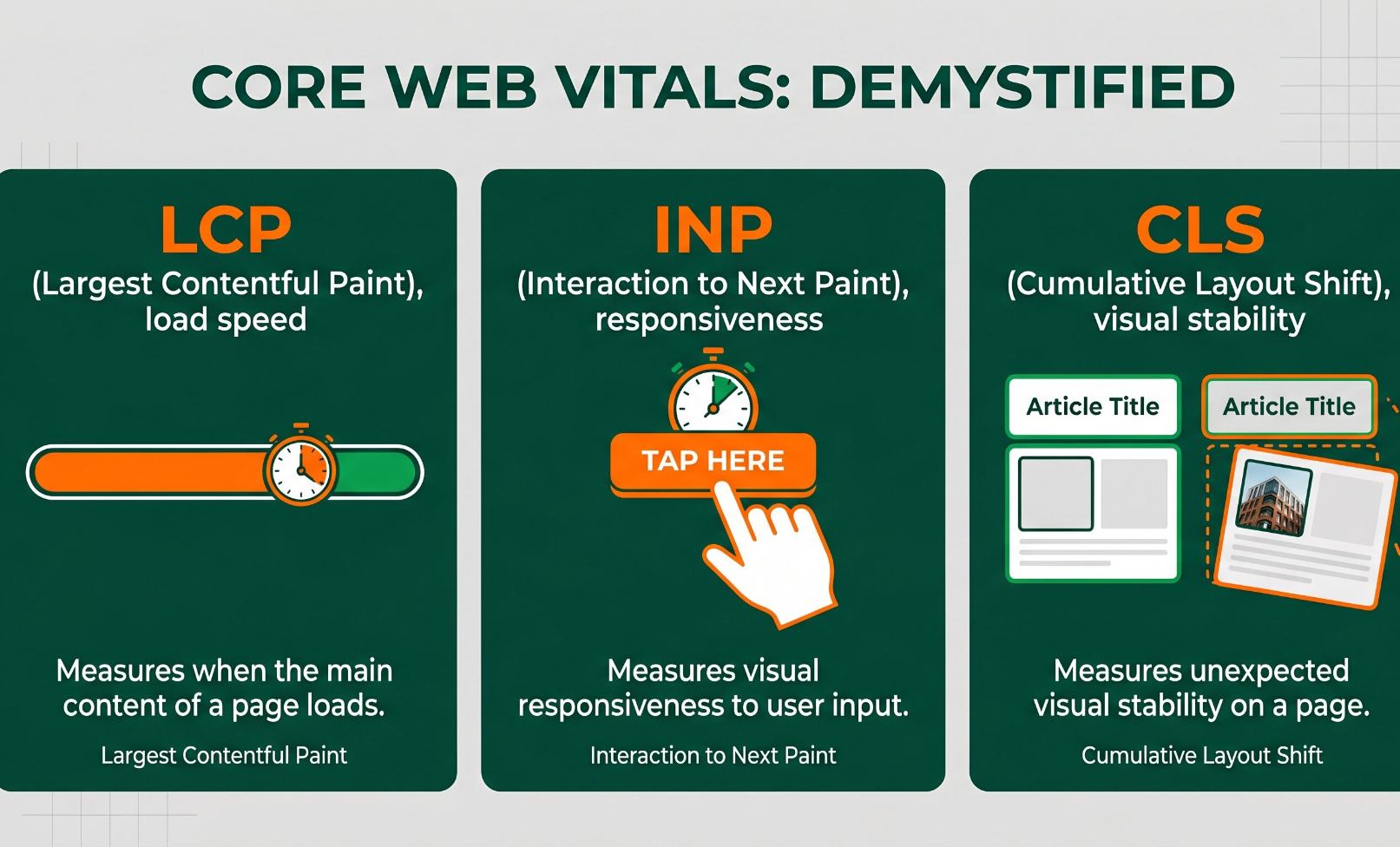 Clean flat illustration showing three labeled panels side by side on a light background, each representing one Core Web Vitals metric. Left panel shows a loading progress bar for LCP, center shows a hand tapping a button with a timer for INP, and right panel shows content blocks shifting position for CLS, all using green and orange brand colors