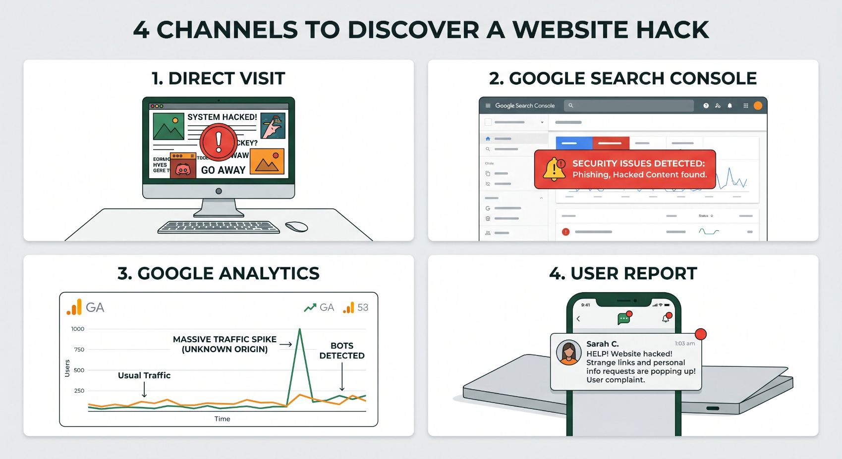 Clean flat illustration showing four quadrants representing the four ways a website owner discovers a hack: a monitor showing visual site changes, a Google Search Console dashboard showing a security alert, a Google Analytics chart showing unusual traffic, and a customer complaint notification on a phone. Each quadrant uses the brand dark green and orange colors on a white background.