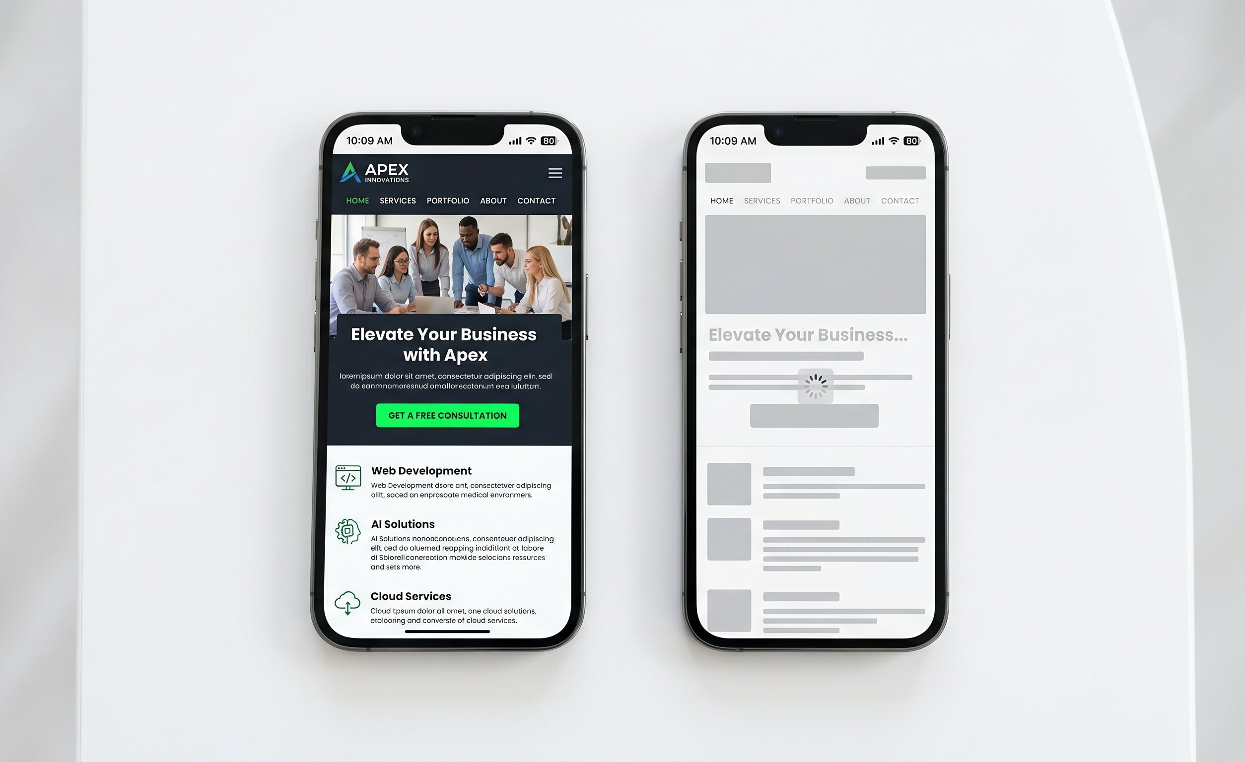 Side-by-side comparison of two smartphones. The left phone shows a fully loaded, crisp, clean business website with a visible call-to-action button. The right phone shows the same website still loading, with a skeleton placeholder layout and a spinning loader icon, representing fast versus slow load experience
