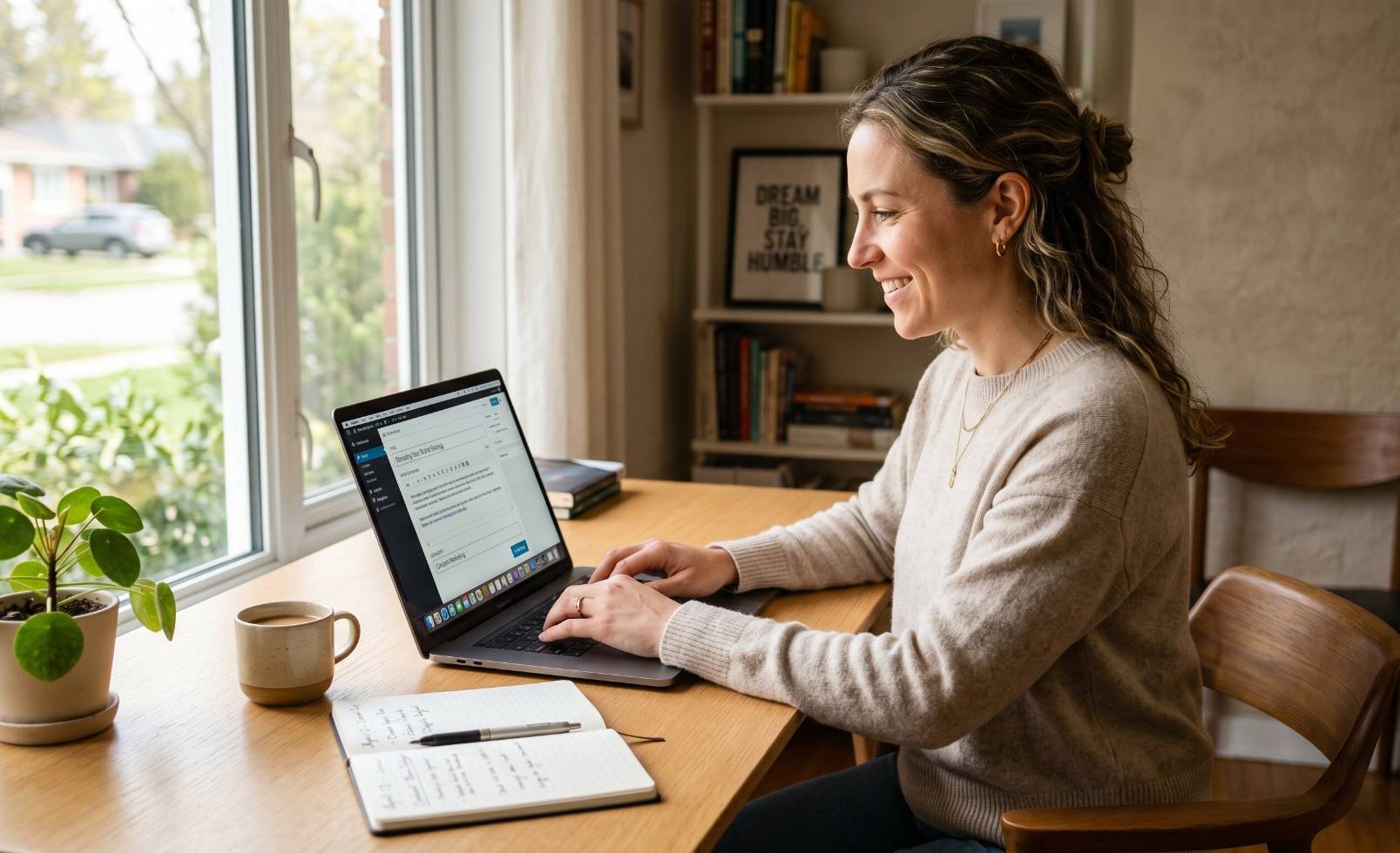 A focused marketing professional or business owner comfortably editing content on a laptop in a clean modern home office, with a live website preview visible on the screen, no developer involvement needed