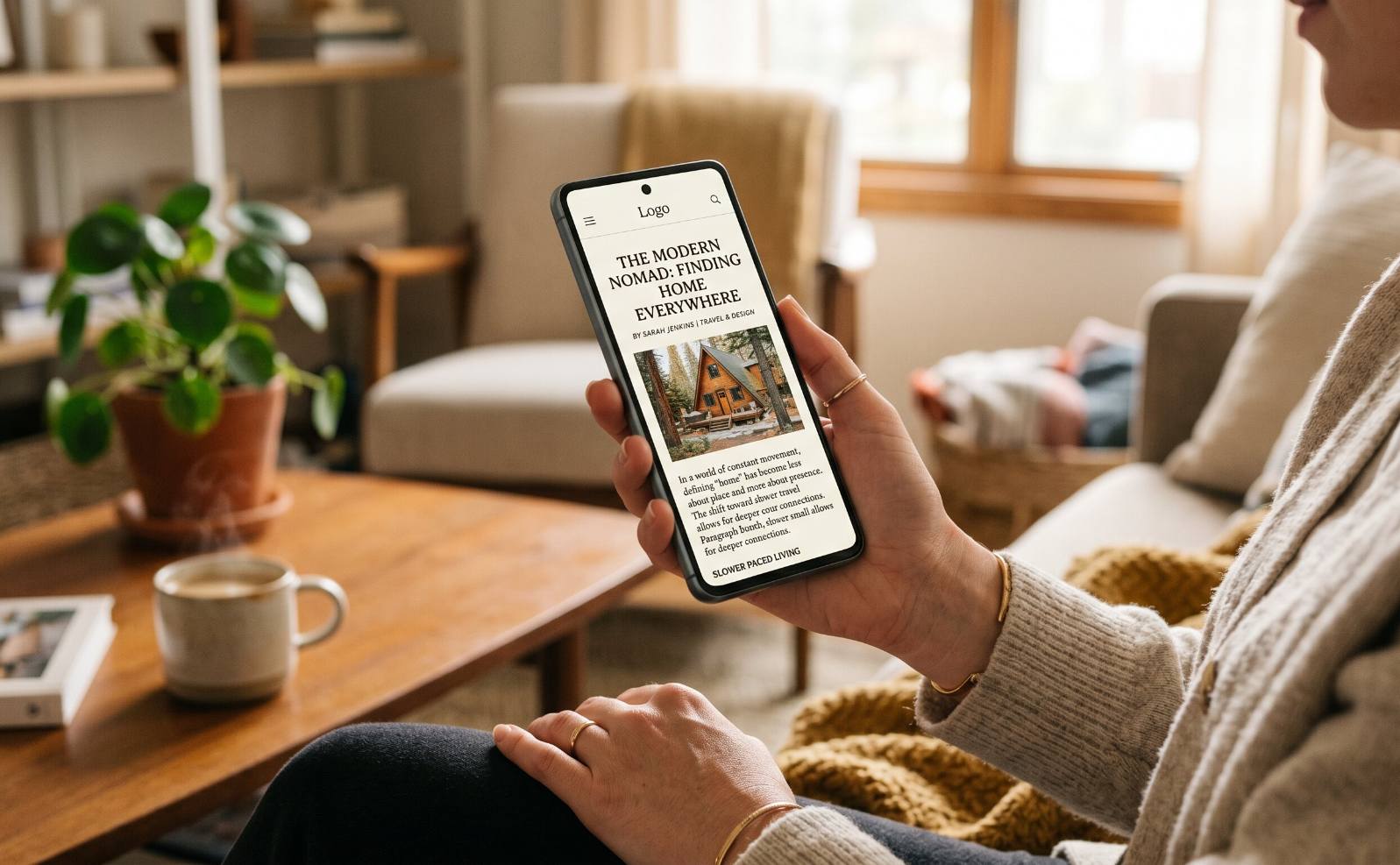 A person reading an article on a well-designed mobile website in a relaxed indoor setting