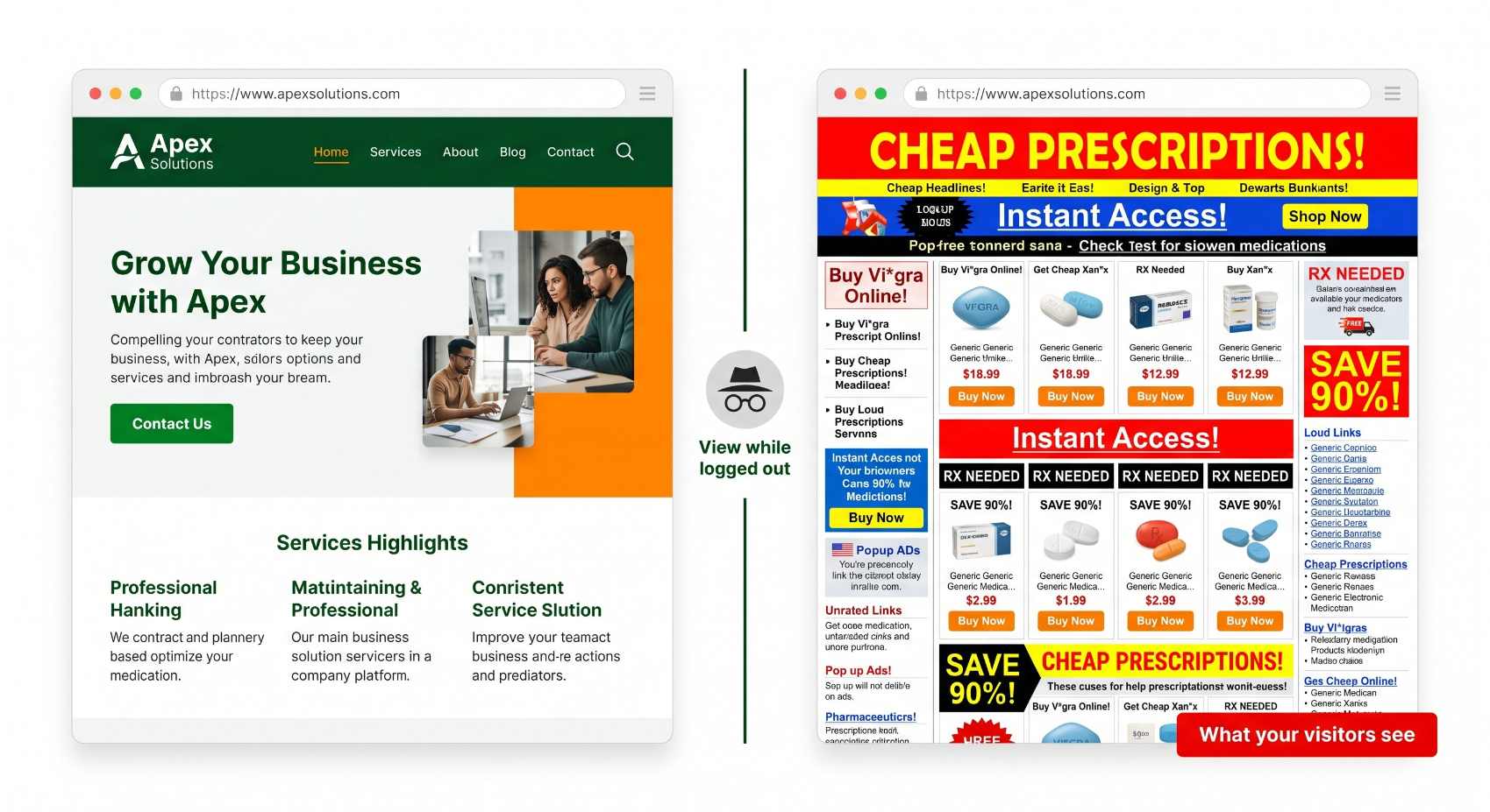 Split screen showing two views of the same website URL. On the left, the legitimate business homepage as it should appear. On the right, what an unlogged visitor sees: an immediate redirect to a suspicious pharmaceutical spam page, illustrating a cloaked redirect hack.