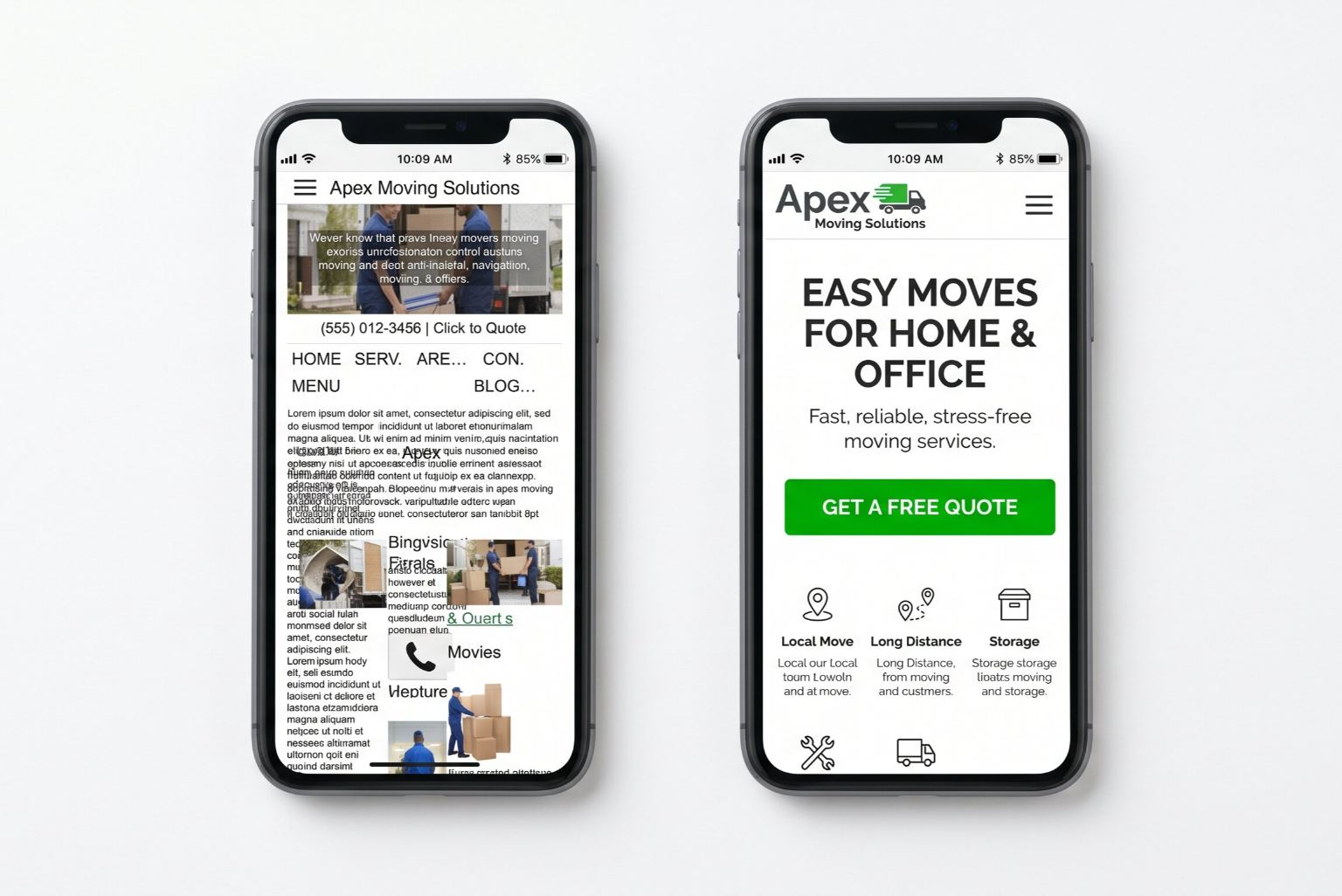Side-by-side view of two mobile phone screens. The left phone shows a cluttered, hard-to-read website with tiny text and no visible call to action. The right shows a clean, well-structured mobile website with a clear headline, readable text and a prominent green call-to-action button. Both show the same business type.