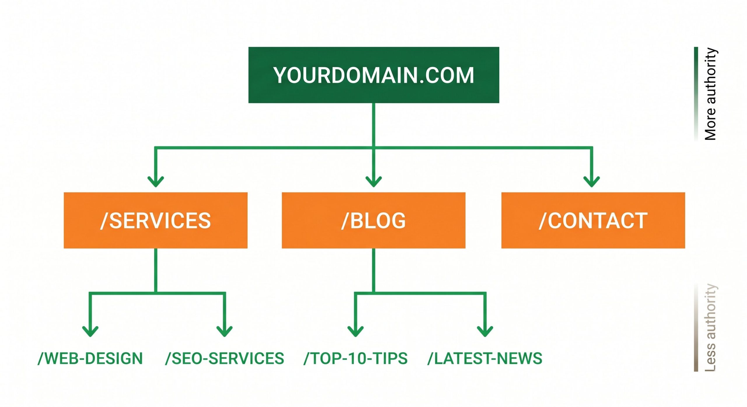 Clean flat diagram showing a website URL hierarchy as a tree structure. The root domain sits at the top. Below it branch off services, blog, and contact folders. Under services sit individual clean URL slugs like web-design and seo. Under blog sit two clean blog post slugs. Green lines connect the nodes representing link equity flow. Dark green and orange brand colors on white background.