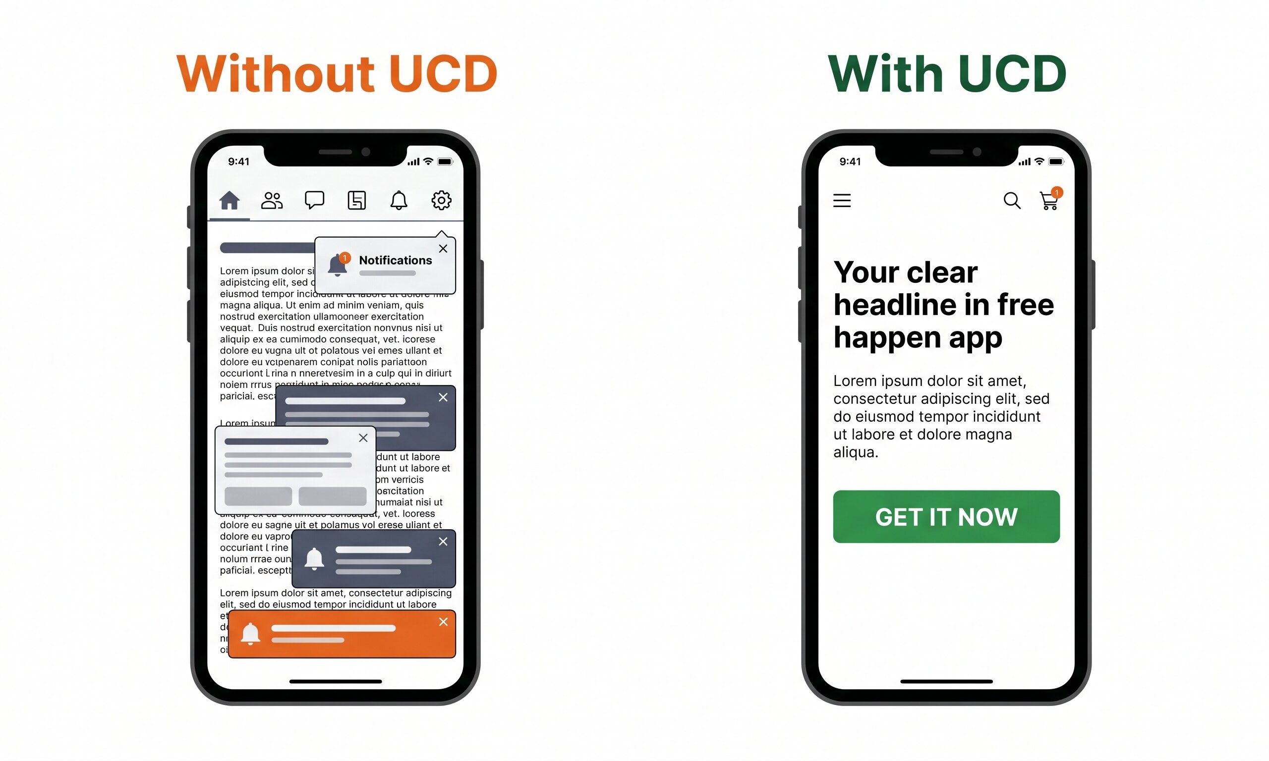 Side-by-side comparison of two mobile app screens. The left shows a cluttered, confusing app interface with too many navigation options, small text, and unclear actions. The right shows a clean, intuitive version of the same app with a clear primary action, readable text, and obvious navigation. Both are shown on identical phone mockups.