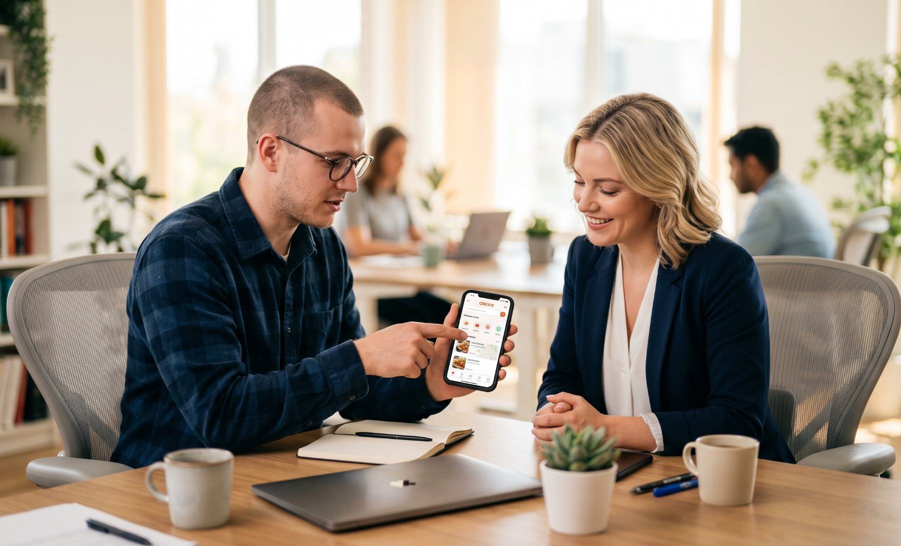A developer and a client reviewing a mobile app on a smartphone together in a professional office setting, the developer pointing to the screen while the client looks on with a satisfied expression, representing the collaborative handoff stage of app development